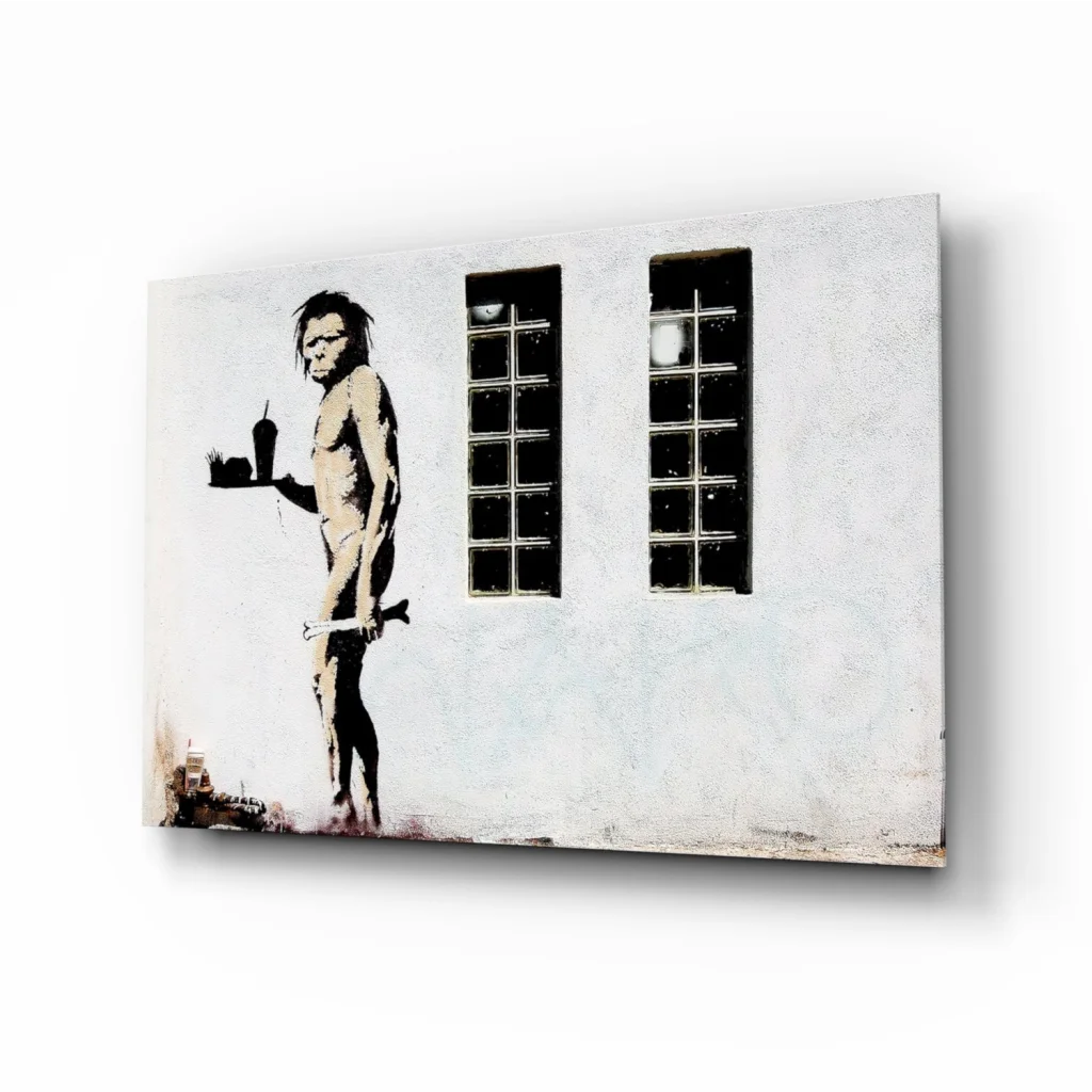 Banksy evolution ape stencil canvas wall art print with fast food