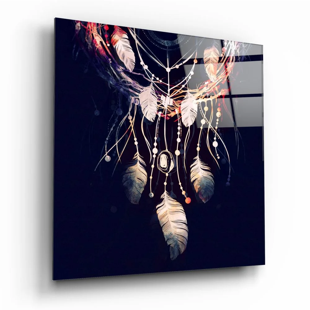 Glowing dreamcatcher tempered glass art with gold feathers