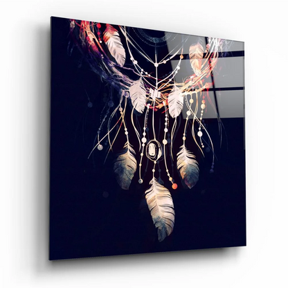 Glowing dreamcatcher tempered glass art with gold feathers