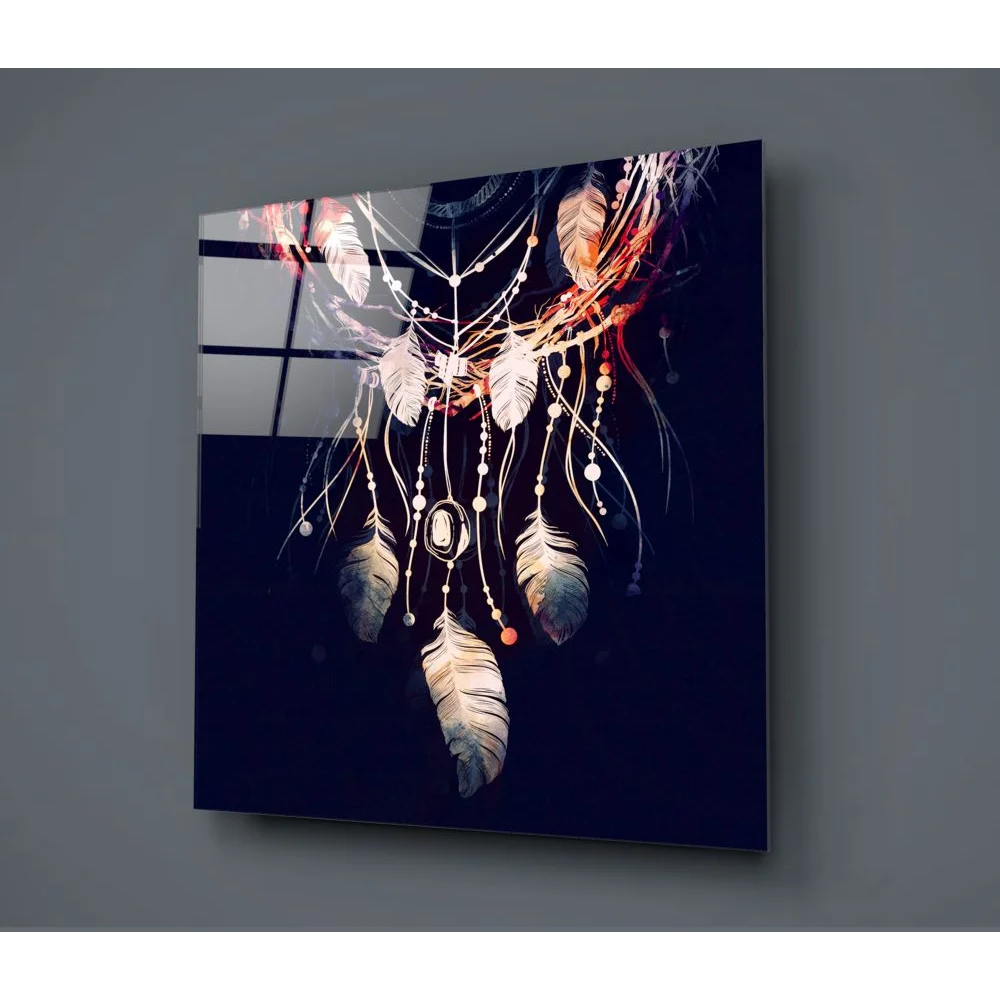 Glowing dreamcatcher tempered glass art with gold feathers