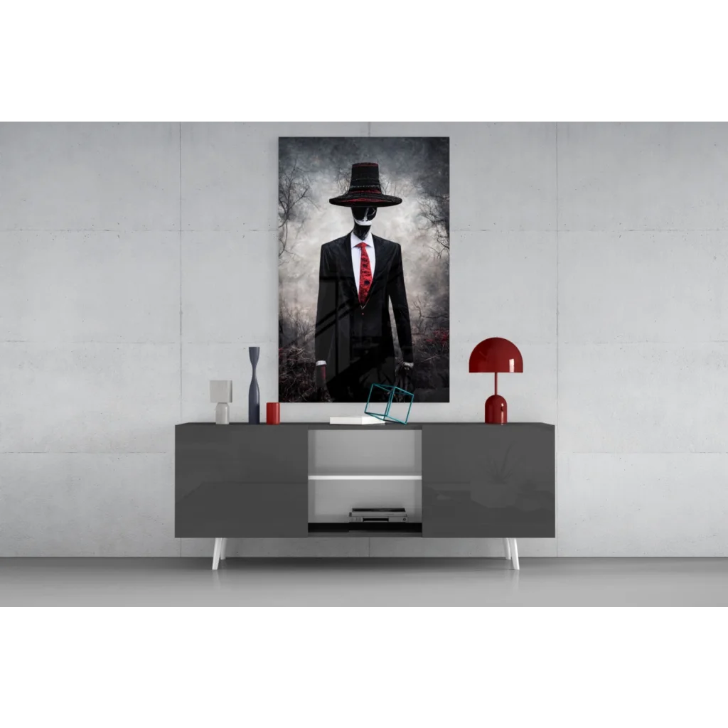 Mysterious suited figure in black-and-white glass wall art with red tie