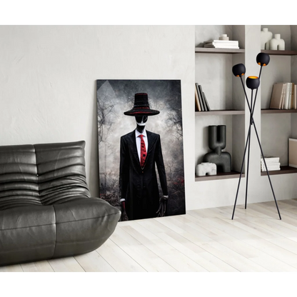 Striking black-and-red skeletal figure glass wall art on misty forest canvas