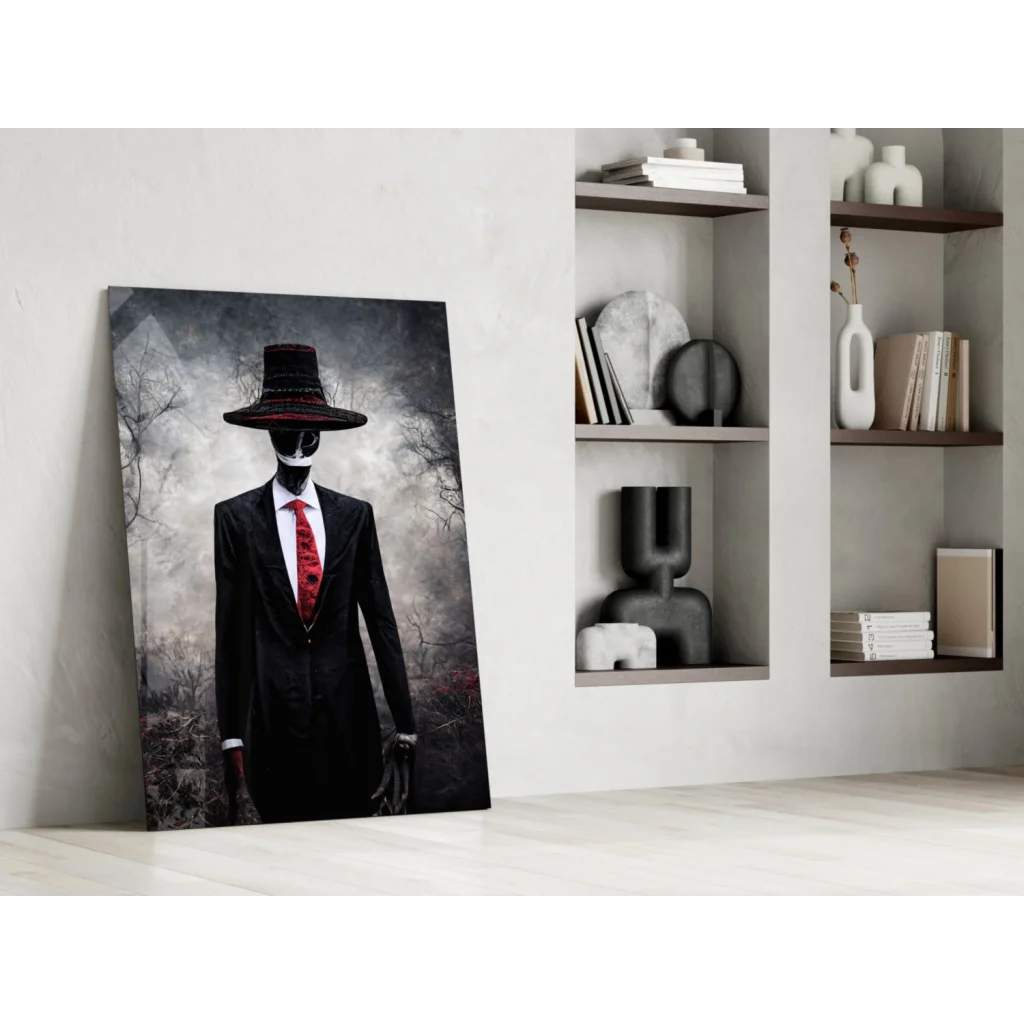 Striking black-and-white glass wall art of suited figure in hat