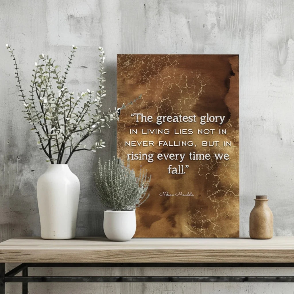 Bronze-toned insigne aluminum print with vivid colors, crackled texture and Mandela quote