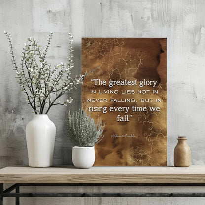 Bronze-toned insigne aluminum print with vivid colors, crackled texture and Mandela quote