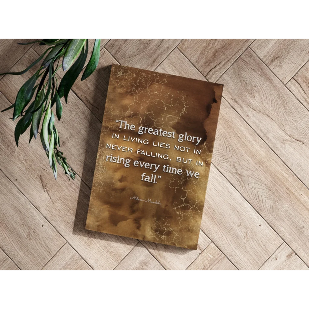 Insigne aluminum prints with golden-brown cracked marble texture and Mandela quote