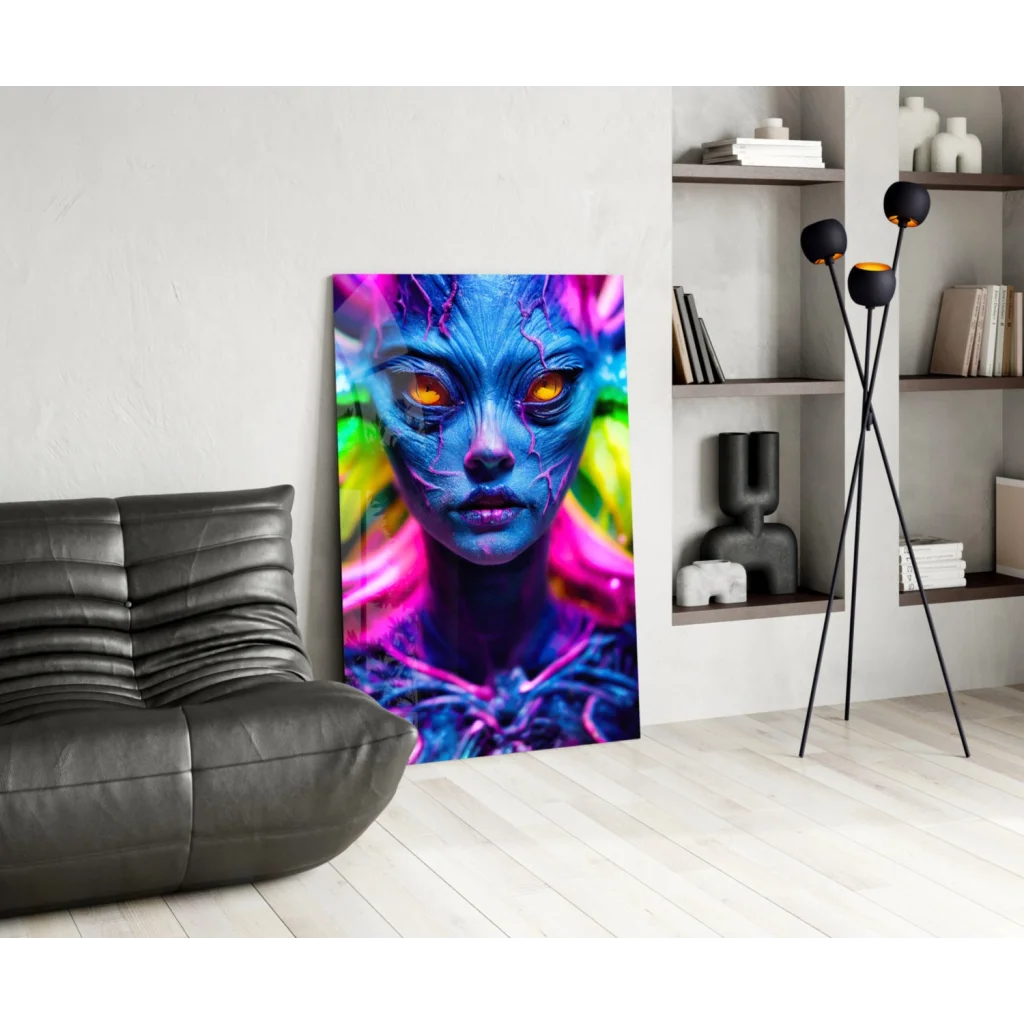 Vibrant blue alien glass wall art with glowing eyes and rainbow hair