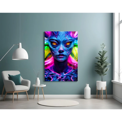 Neon Alien Glass Wall Art with Glowing Eyes and Rainbow Hair | Contemporary Home Wall Art | vintageantiquesgifts.com