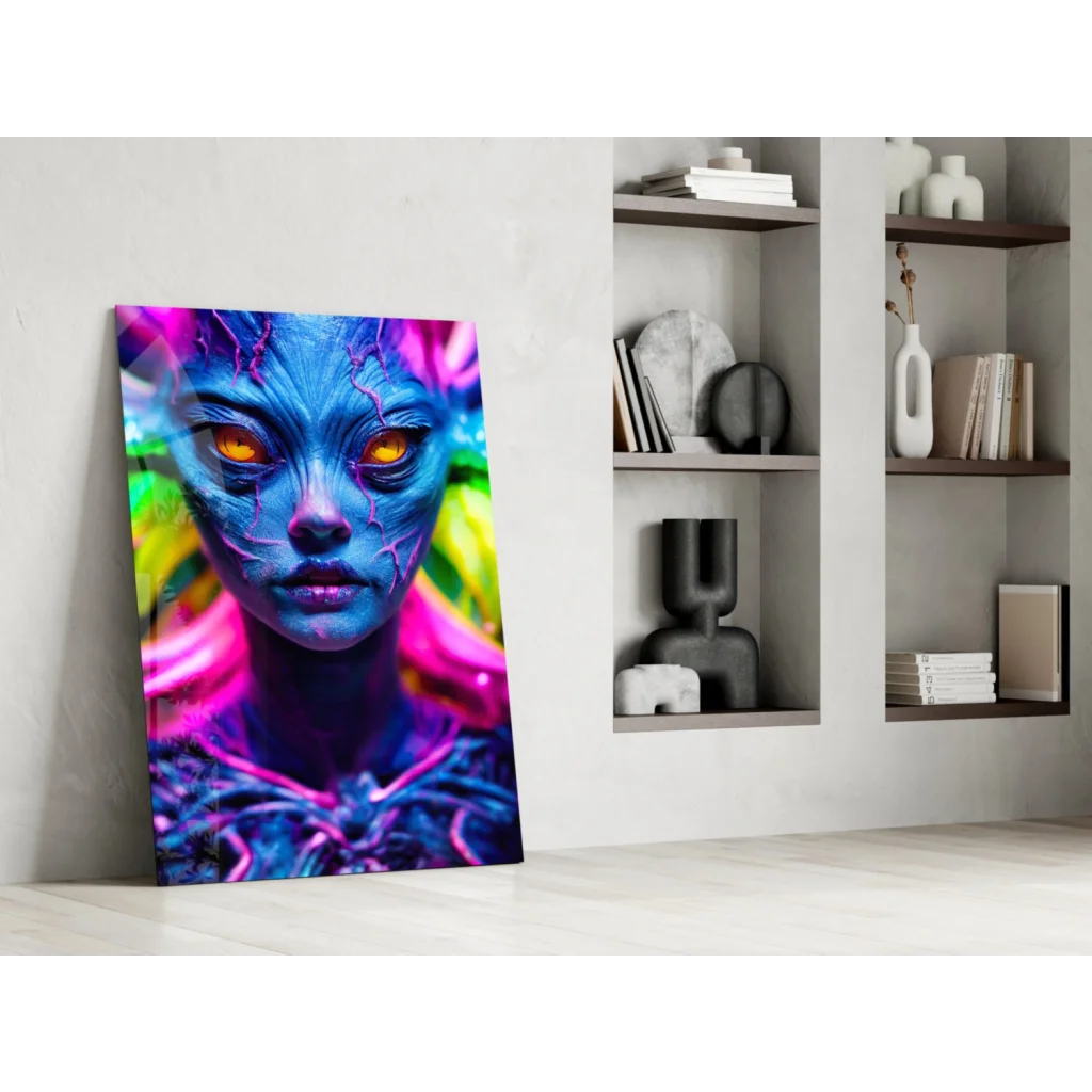 Vibrant blue alien glass wall art with glowing orange eyes and neon rainbow hair