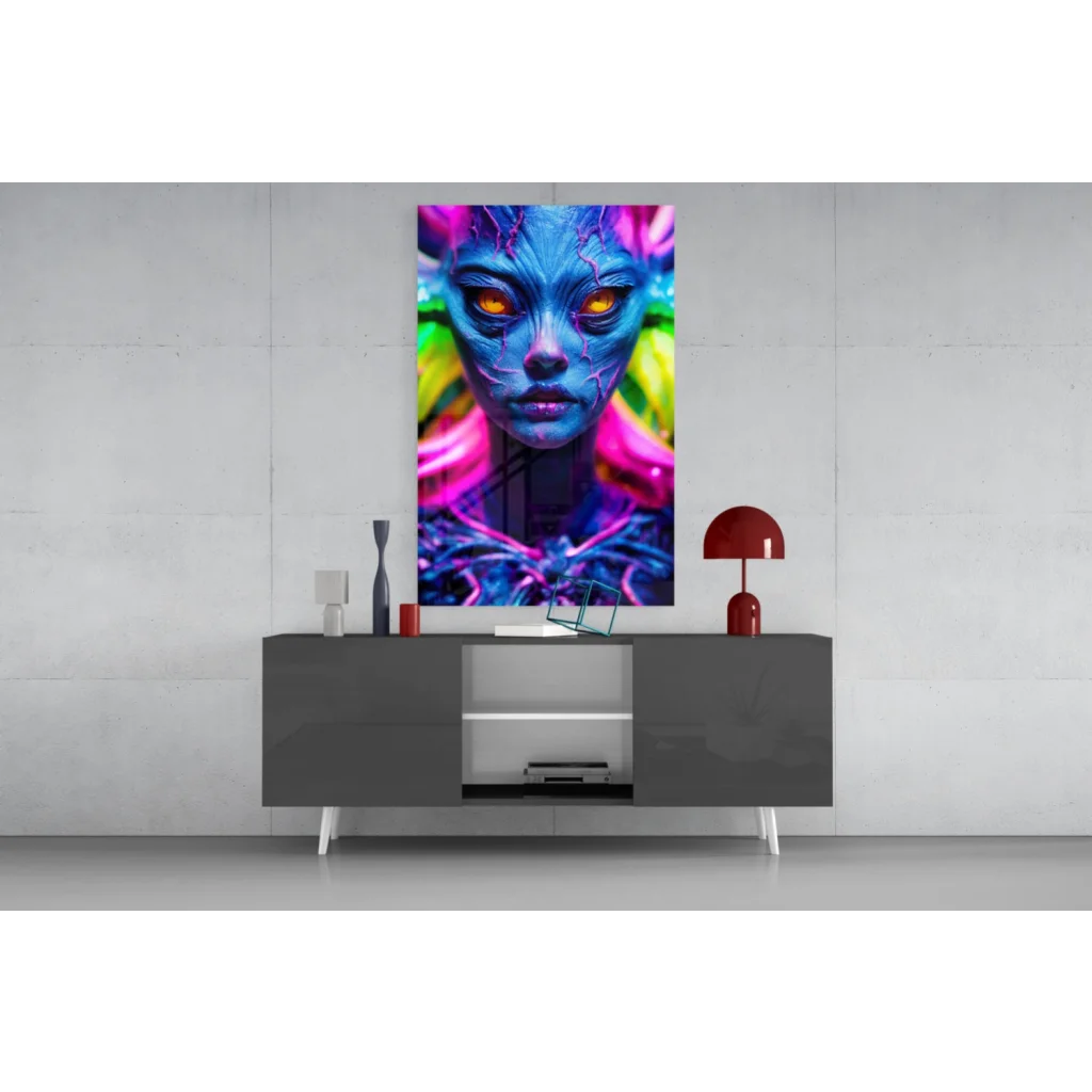 Vibrant neon alien glass wall art with blue skin, glowing orange eyes, rainbow hair