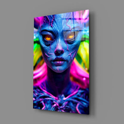 Neon Alien Glass Wall Art with Glowing Eyes and Rainbow Hair | Glass Wall Art Print | vintageantiquesgifts.com
