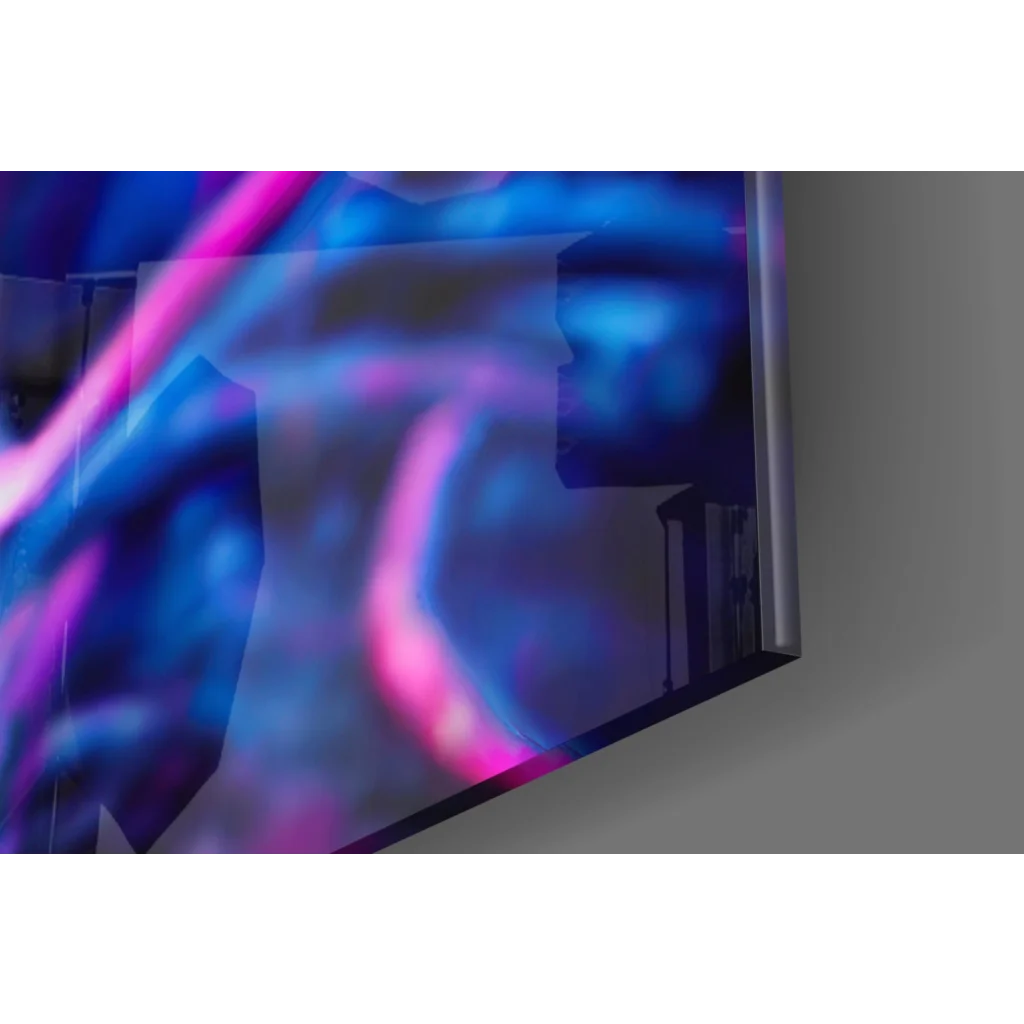 Sleek curved TV screen with Neon Alien glass wall art, glowing eyes, rainbow hair