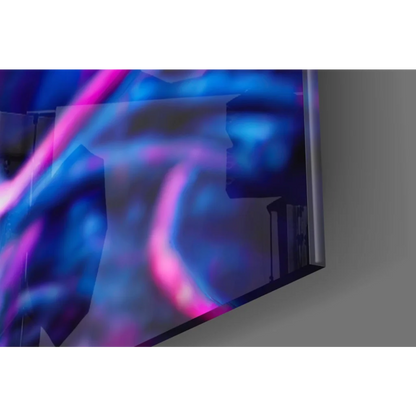 Sleek curved TV screen with Neon Alien glass wall art, glowing eyes, rainbow hair
