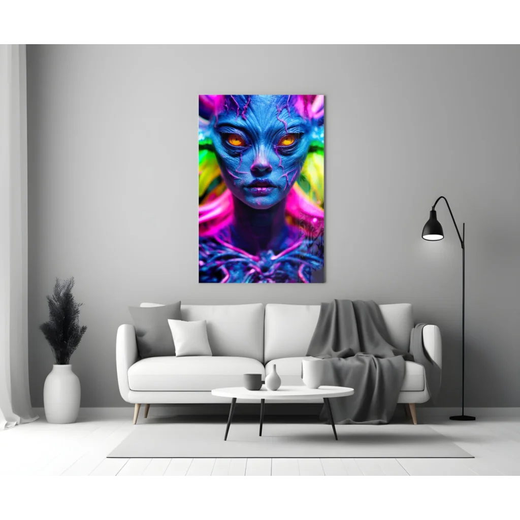 Neon Alien Glass Wall Art with Glowing Eyes and Rainbow Hair | Modern Wall Art Decor | vintageantiquesgifts.com