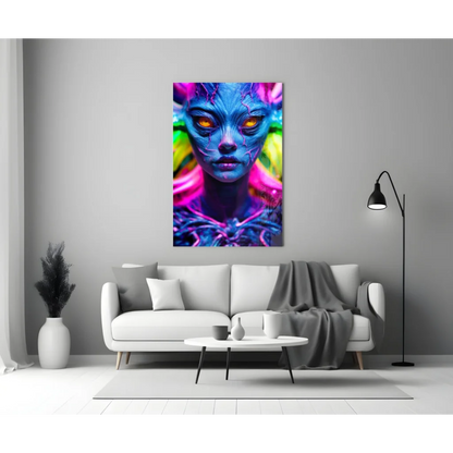 Neon Alien Glass Wall Art with Glowing Eyes and Rainbow Hair | Modern Wall Art Decor | vintageantiquesgifts.com
