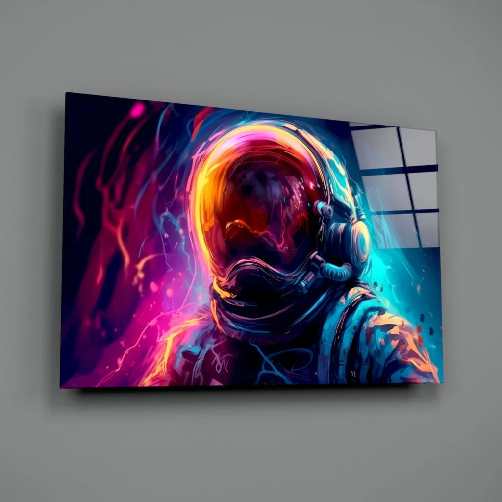 Neon astronaut helmet canvas wall art with cosmic glow