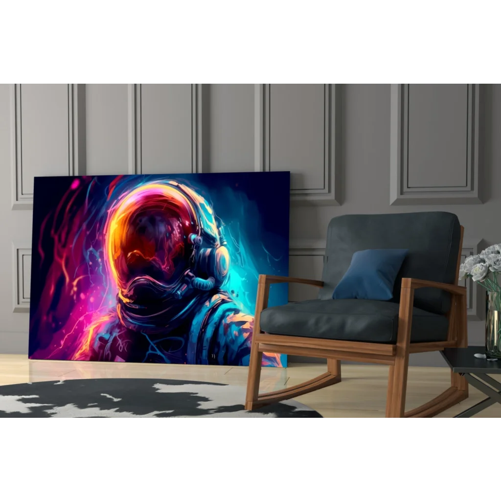 Neon astronaut helmet canvas wall art with cosmic glow