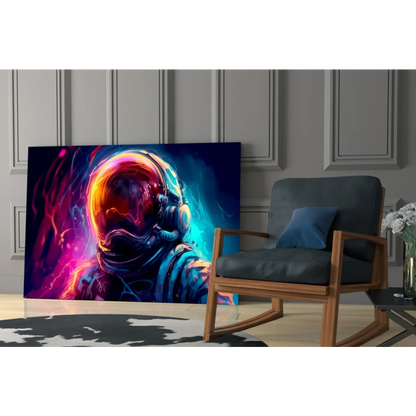 Neon astronaut helmet canvas wall art with cosmic glow