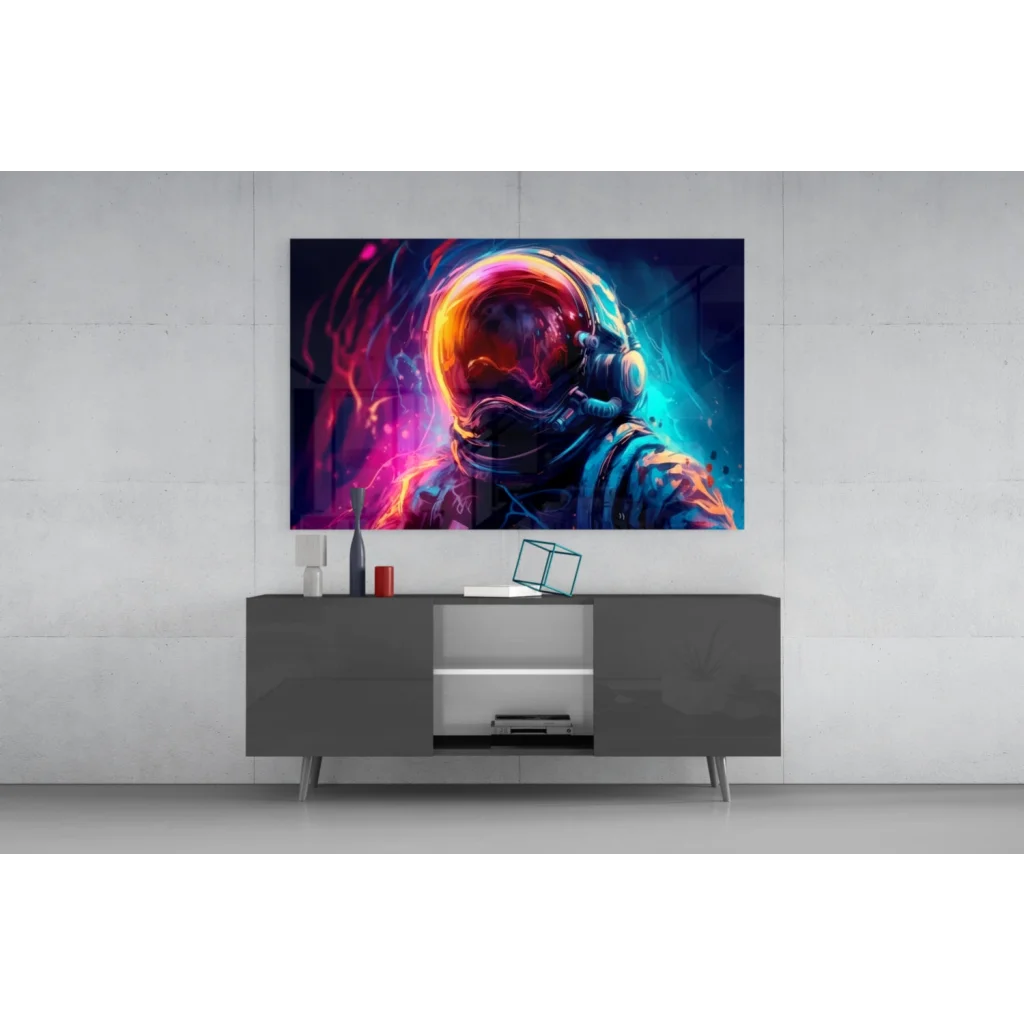 Neon Astronaut Helmet canvas wall art with cosmic glow