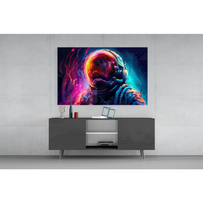 Neon Astronaut Helmet canvas wall art with cosmic glow