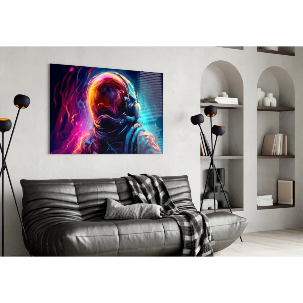 Vibrant neon astronaut helmet wall art glowing on black leather couch