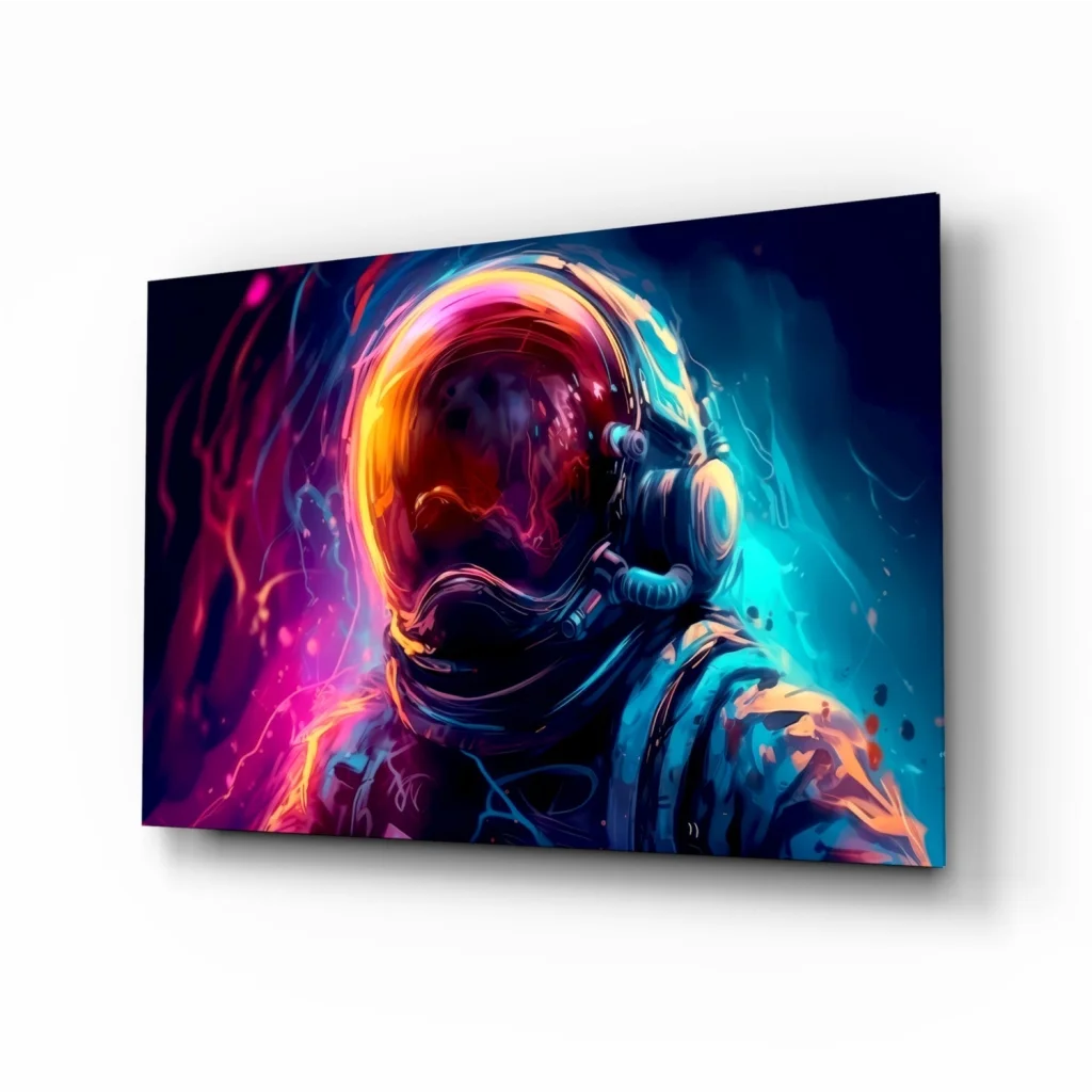 Neon Astronaut Helmet canvas wall art with cosmic glow