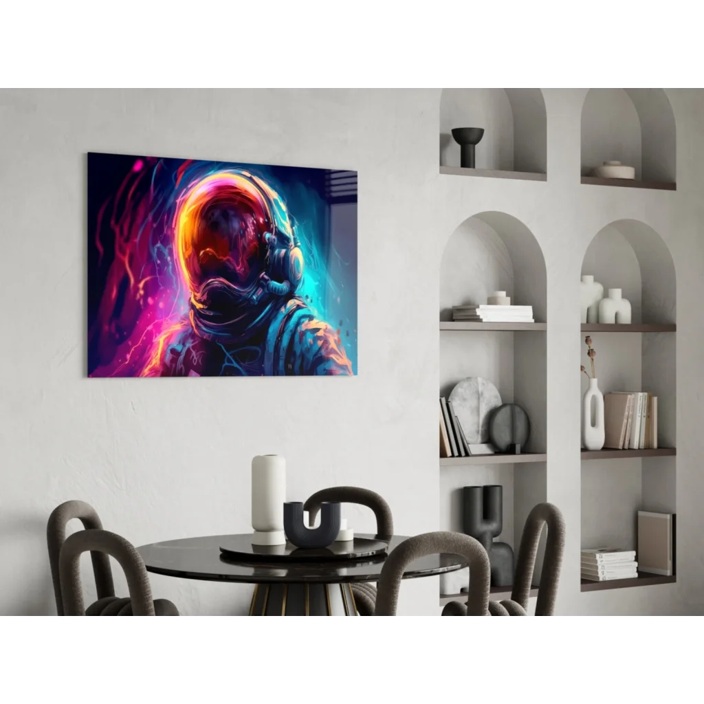 Vibrant neon astronaut helmet canvas wall art with cosmic glow