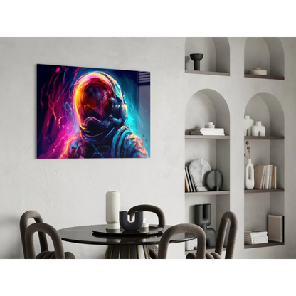 Vibrant neon astronaut helmet canvas wall art with cosmic glow
