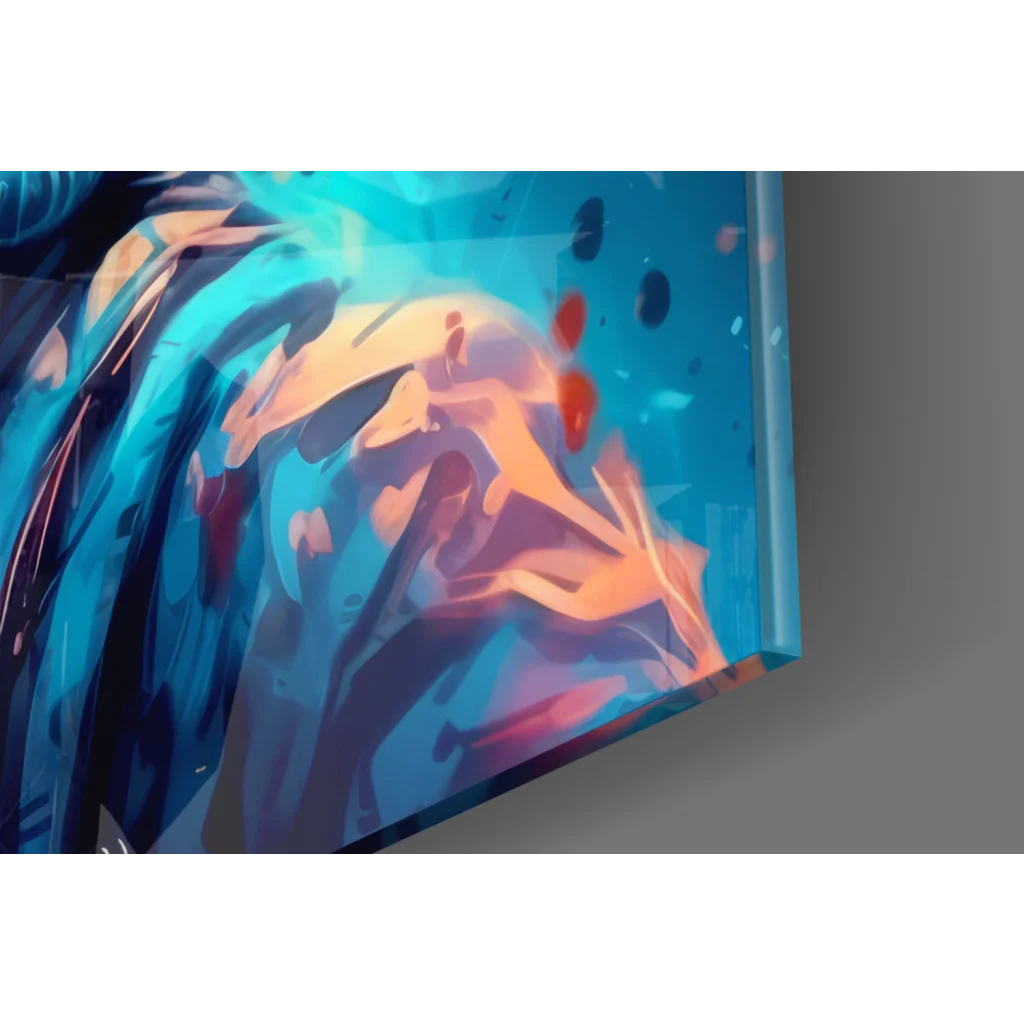 Blue orange abstract art print on glass wall art