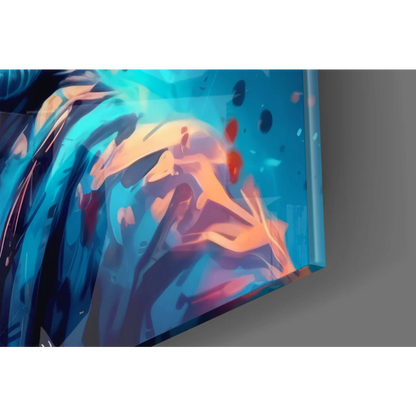 Blue orange abstract art print on glass wall art