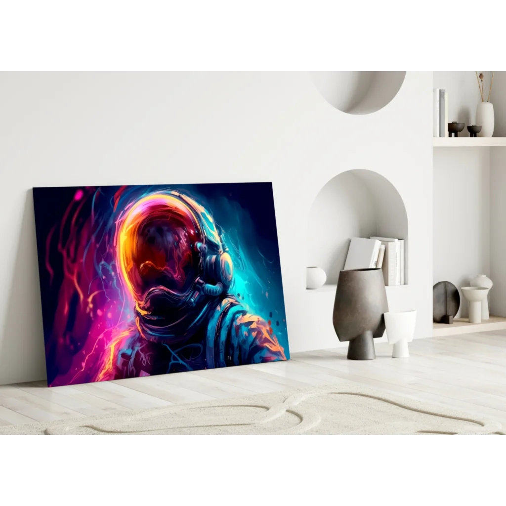 Vibrant neon astronaut helmet canvas wall art with cosmic glow