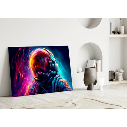 Vibrant neon astronaut helmet canvas wall art with cosmic glow