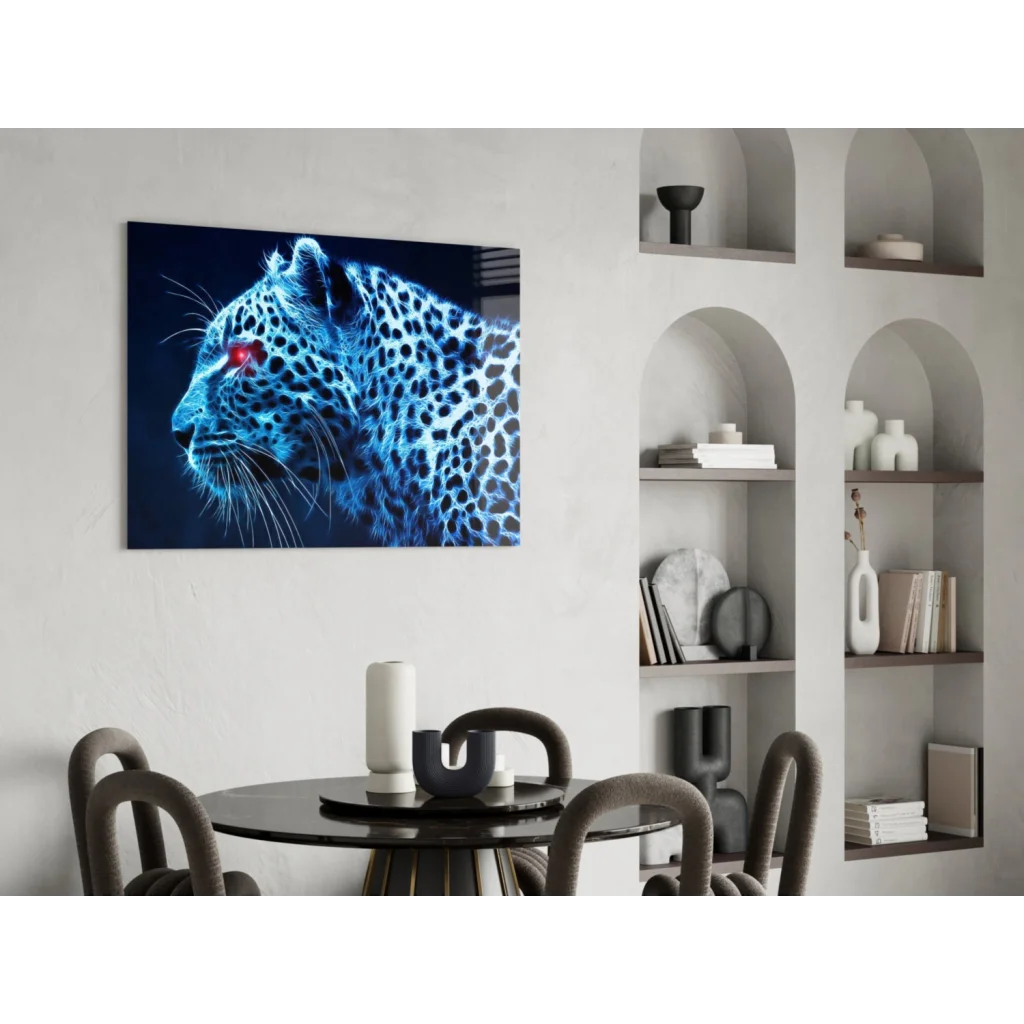Neon blue leopard wall art canvas print with glowing red eyes