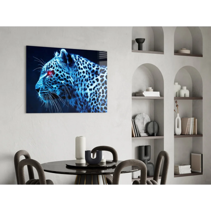 Neon blue leopard wall art canvas print with glowing red eyes