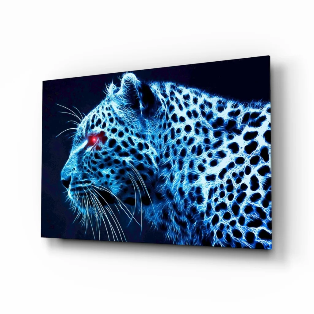 Vibrant neon blue leopard wall art canvas print with glowing red eyes