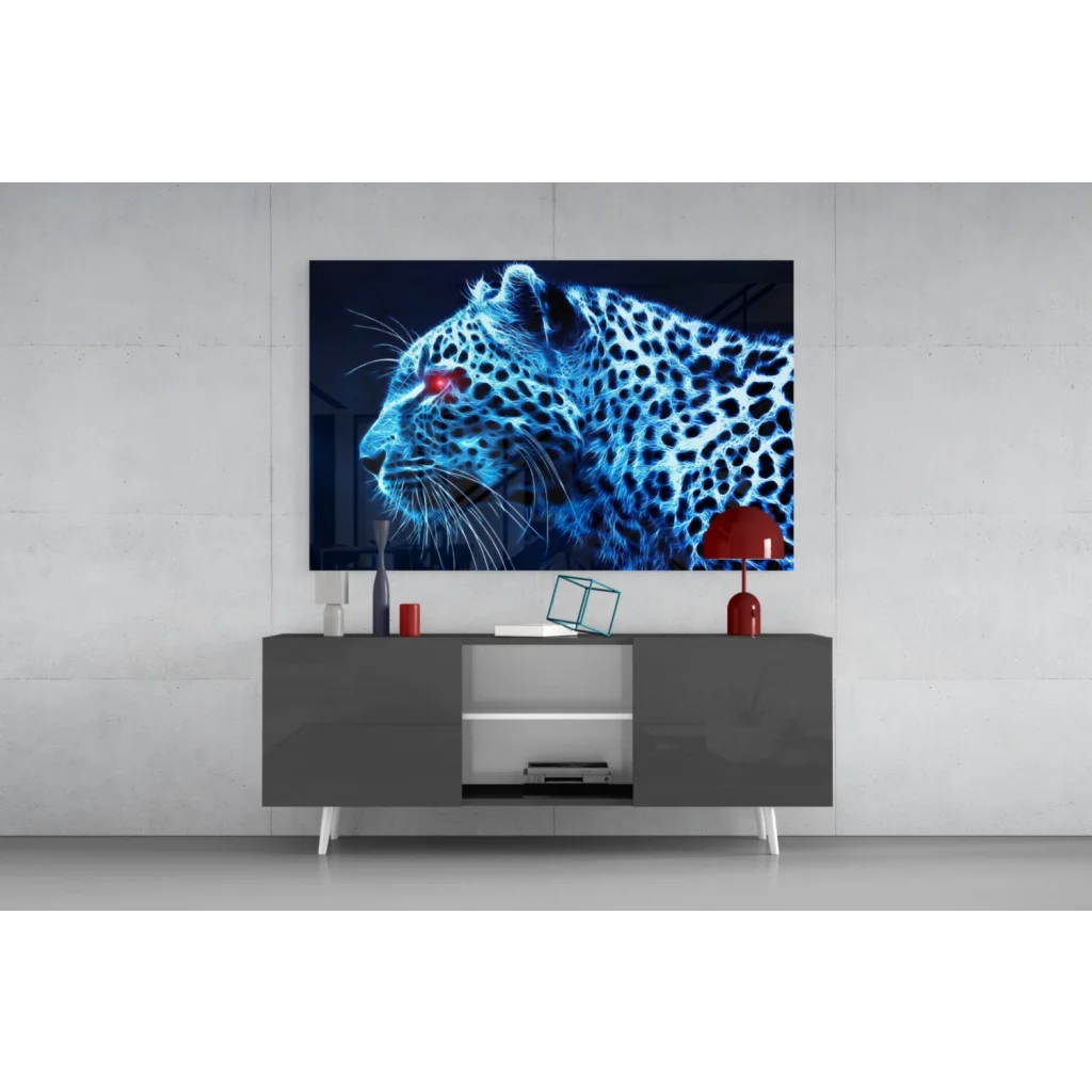 Samsung QLED TV with vibrant blue leopard wall art screen