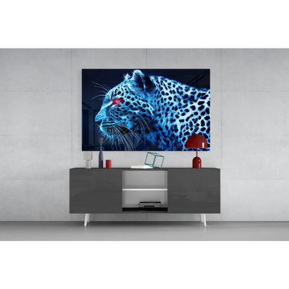 Samsung QLED TV with vibrant blue leopard wall art screen