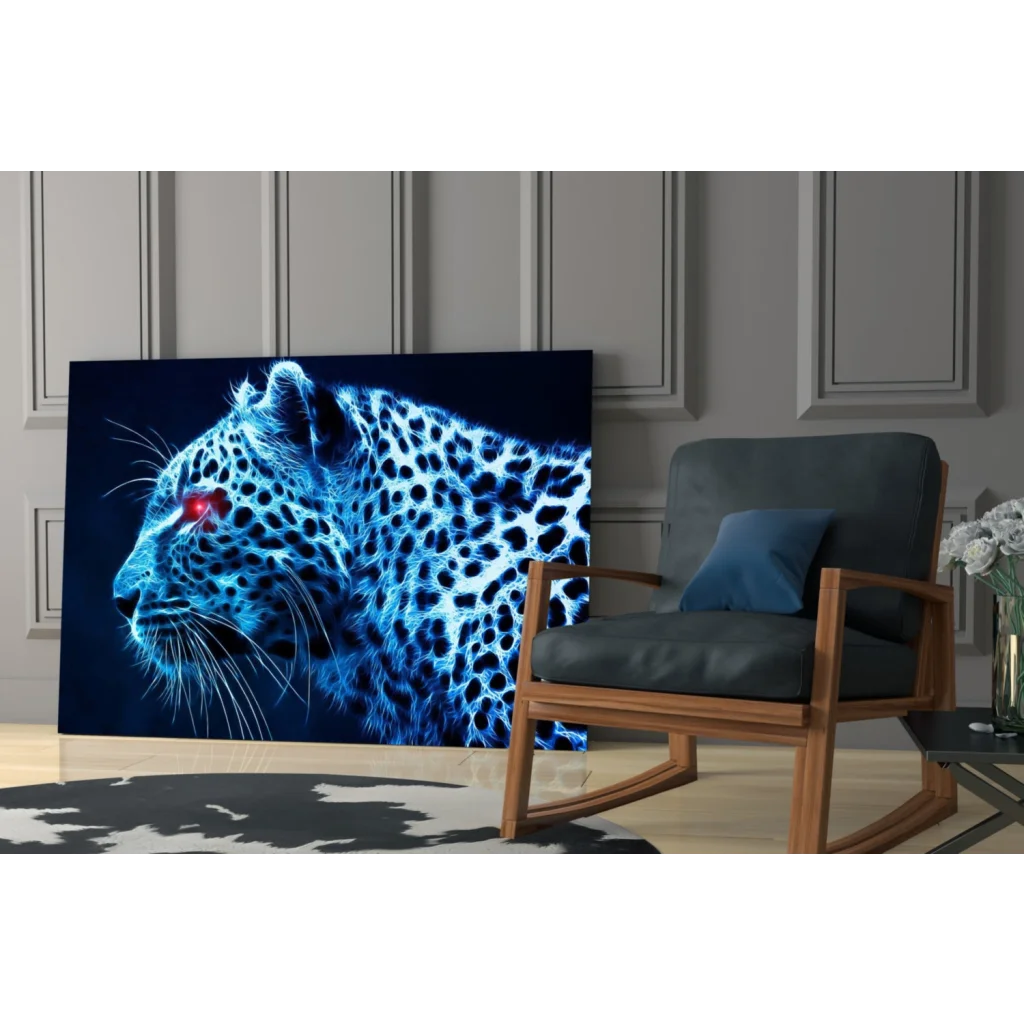 Vibrant blue glowing leopard wall art with red eyes canvas print