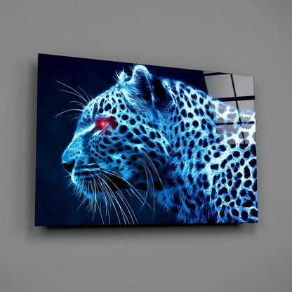 Blue neon leopard wall art canvas print with glowing red eyes