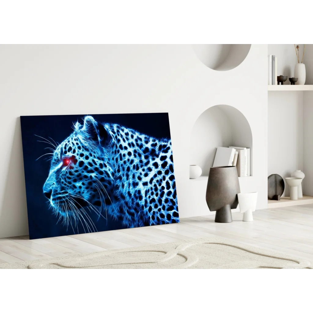 Neon blue leopard wall art canvas print with glowing red eyes