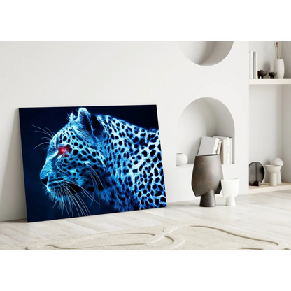 Neon blue leopard wall art canvas print with glowing red eyes