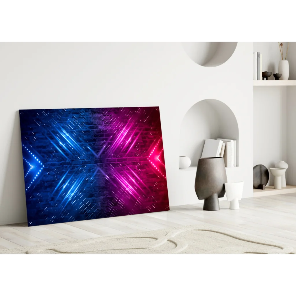 Vibrant neon blue pink abstract glass wall art canvas print with geometric patterns