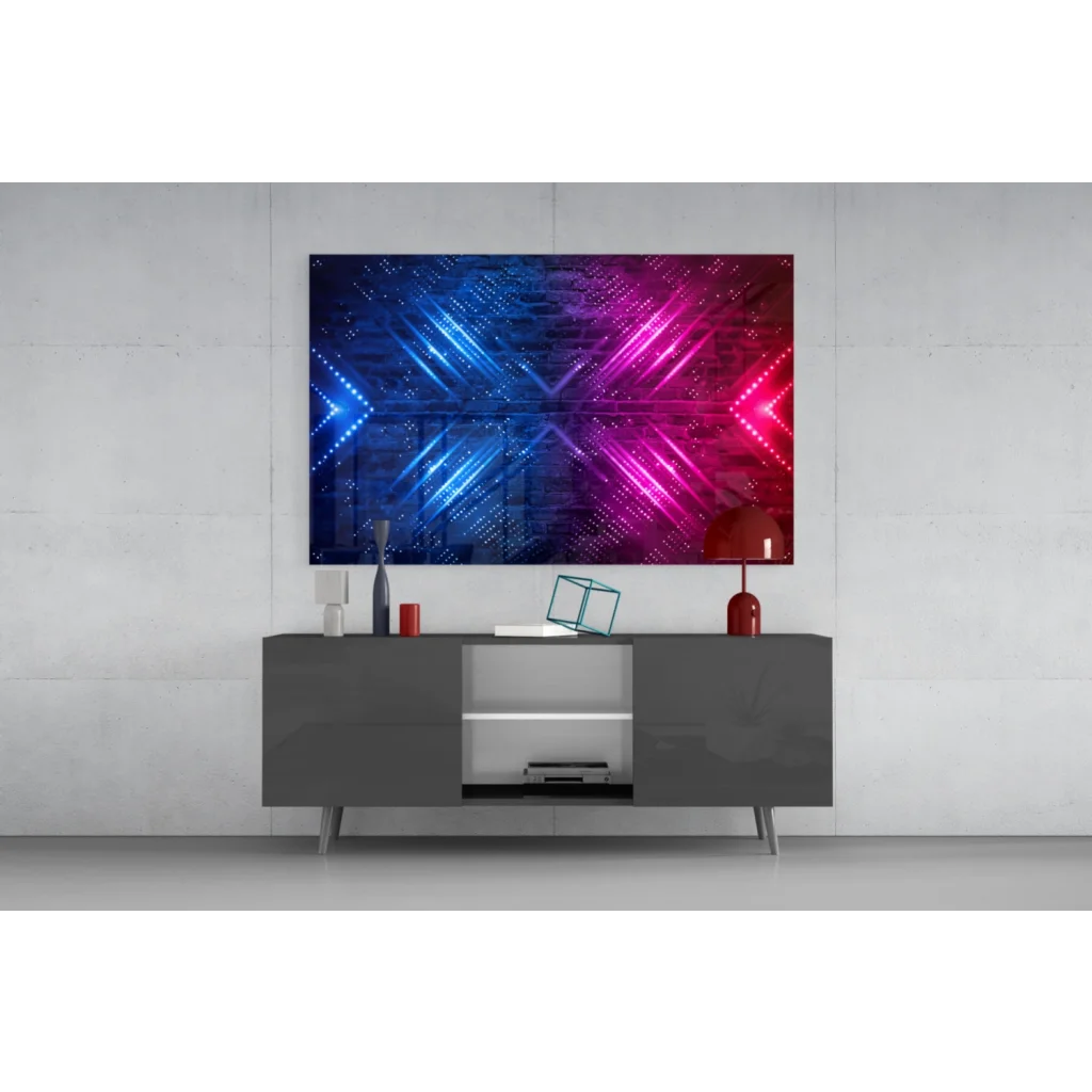 Vibrant Samsung QLED TV in Neon Blue Pink Abstract Glass Wall Art
