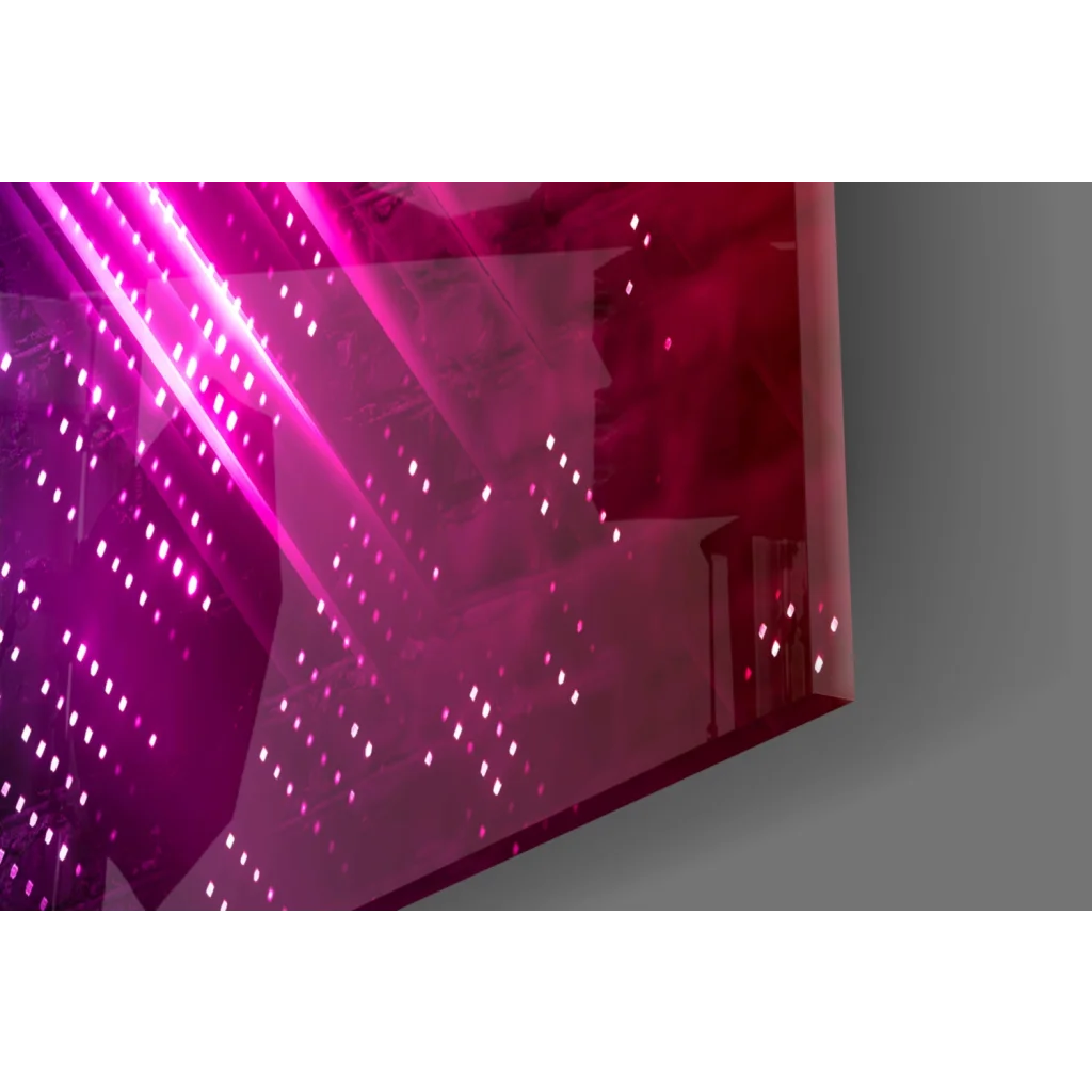 Red and pink geometric LED light sculpture in Neon Blue Pink glass wall art
