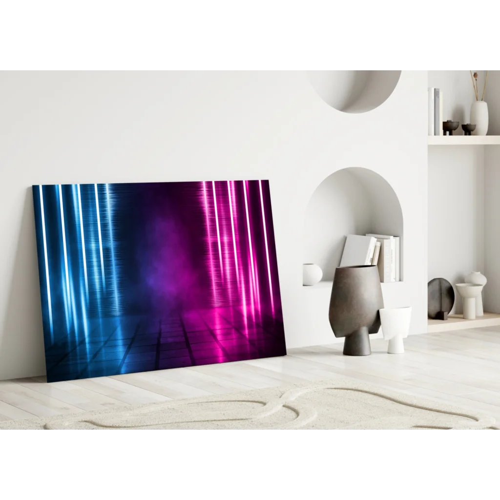 Vibrant blue pink neon glass wall art with vertical light beams