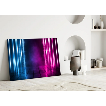 Vibrant blue pink neon glass wall art with vertical light beams
