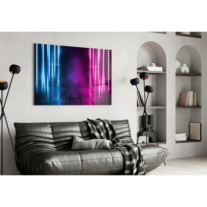 Vibrant neon blue pink glass wall art with vertical light streaks on canvas