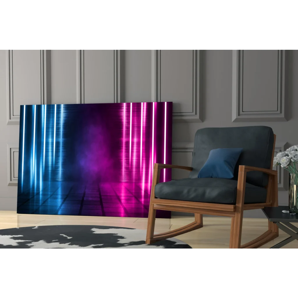 Vibrant neon blue pink glass wall art vertical light beam canvas