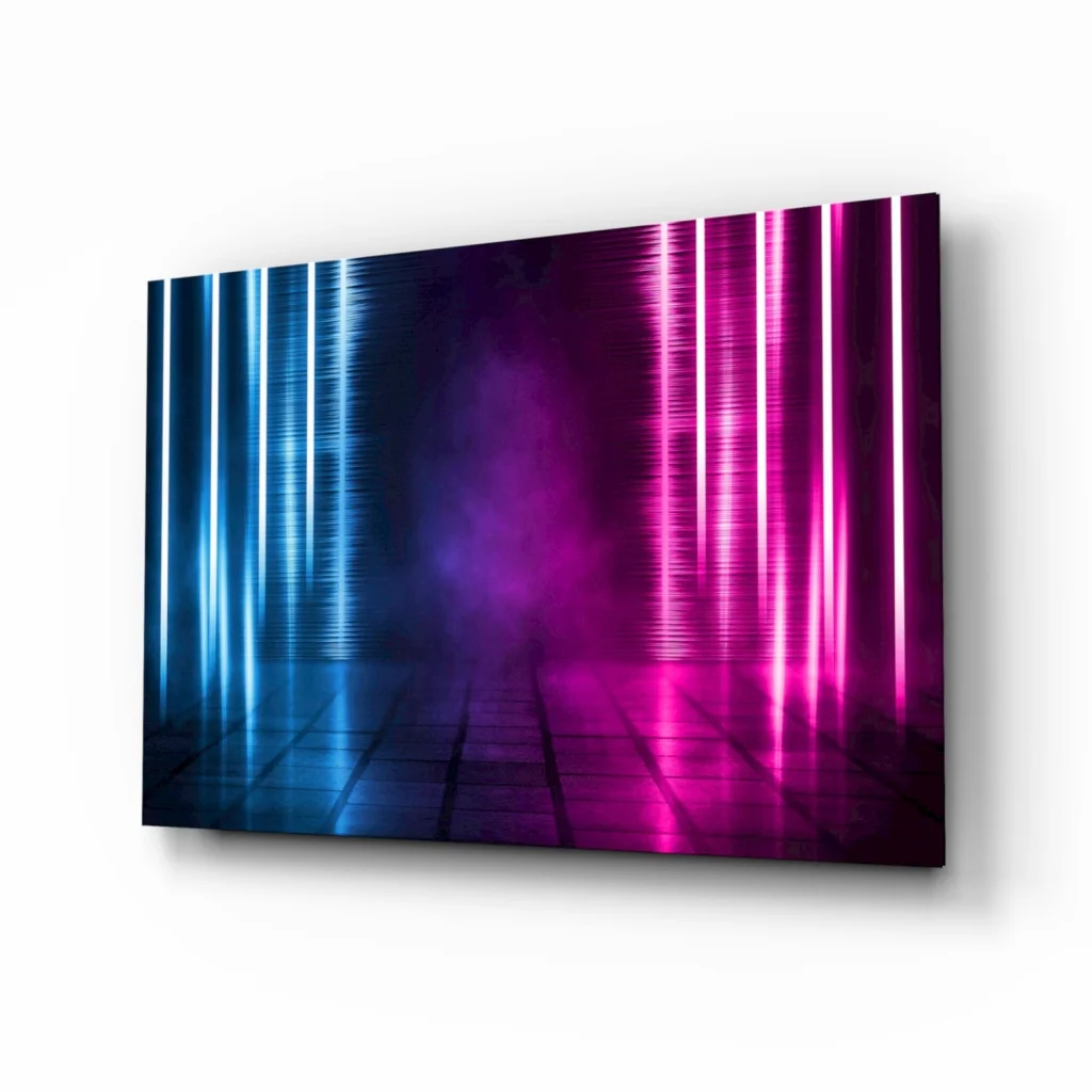 Vibrant neon blue pink vertical light beam glass wall art canvas