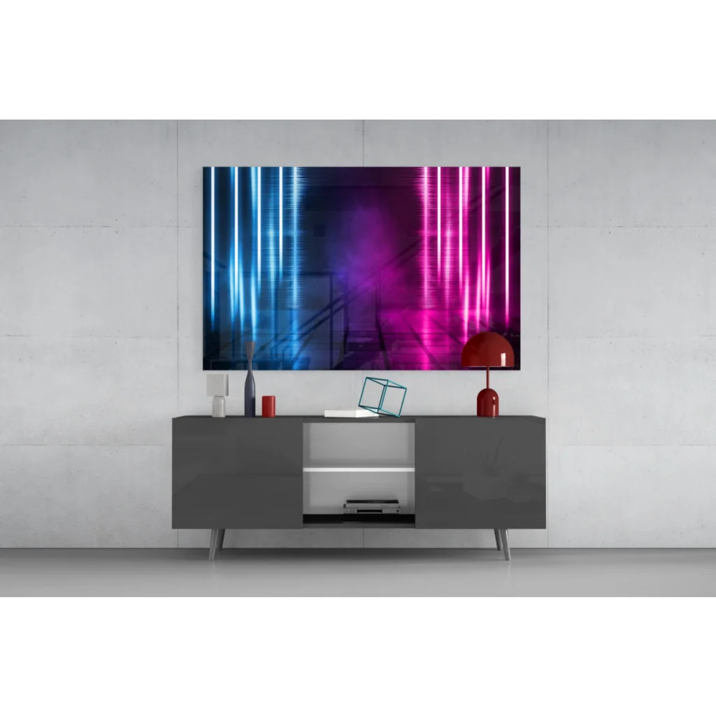 Vibrant neon blue pink glass wall art with vertical light beam streaks on canvas